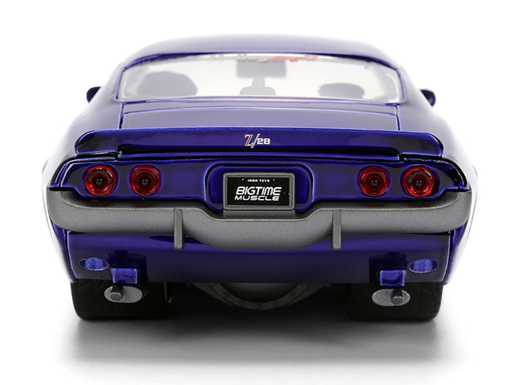Back view of a purple and white muscle car on a white background