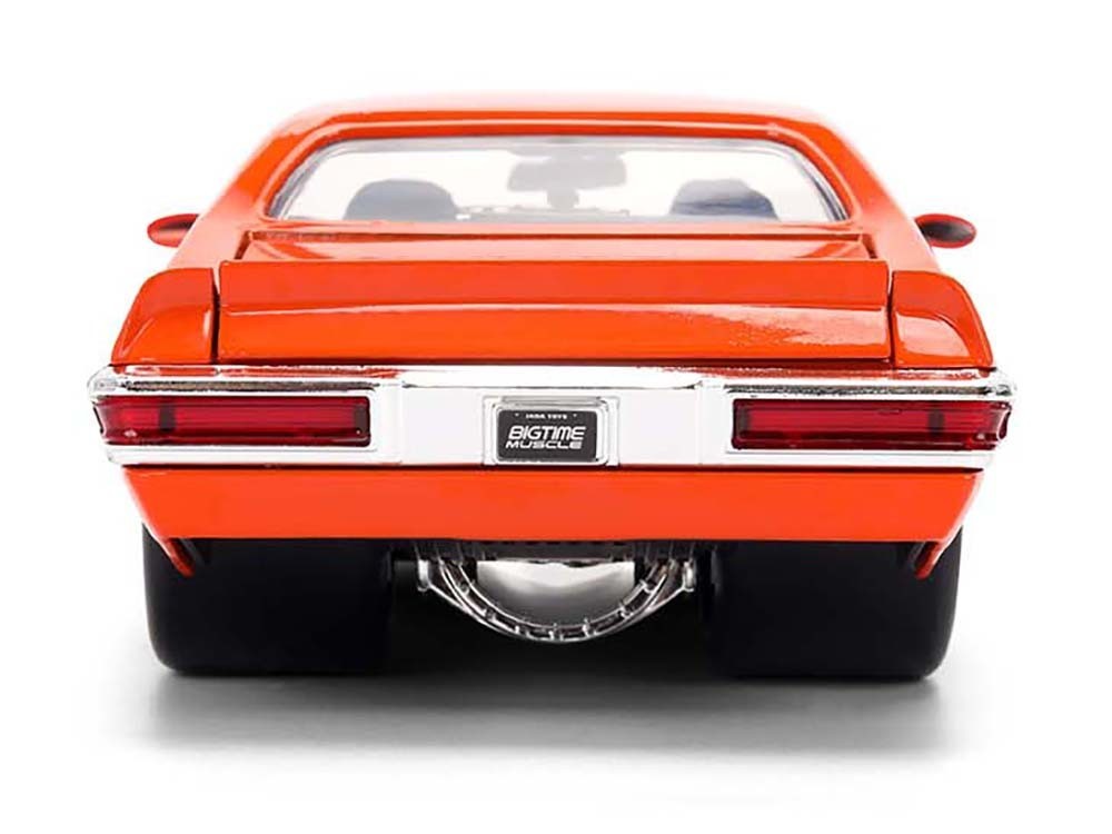 Orange muscle car with a visible license plate on a white background