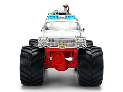 Toy monster truck with large wheels and colorful lights on a white background