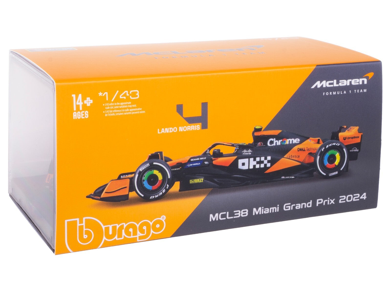 Model car packaging with McLaren and Bburago branding on an orange and gray background