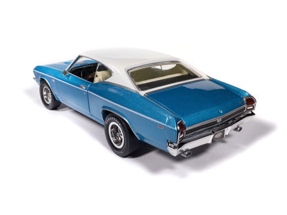 Model of a blue and white classic car on a white background