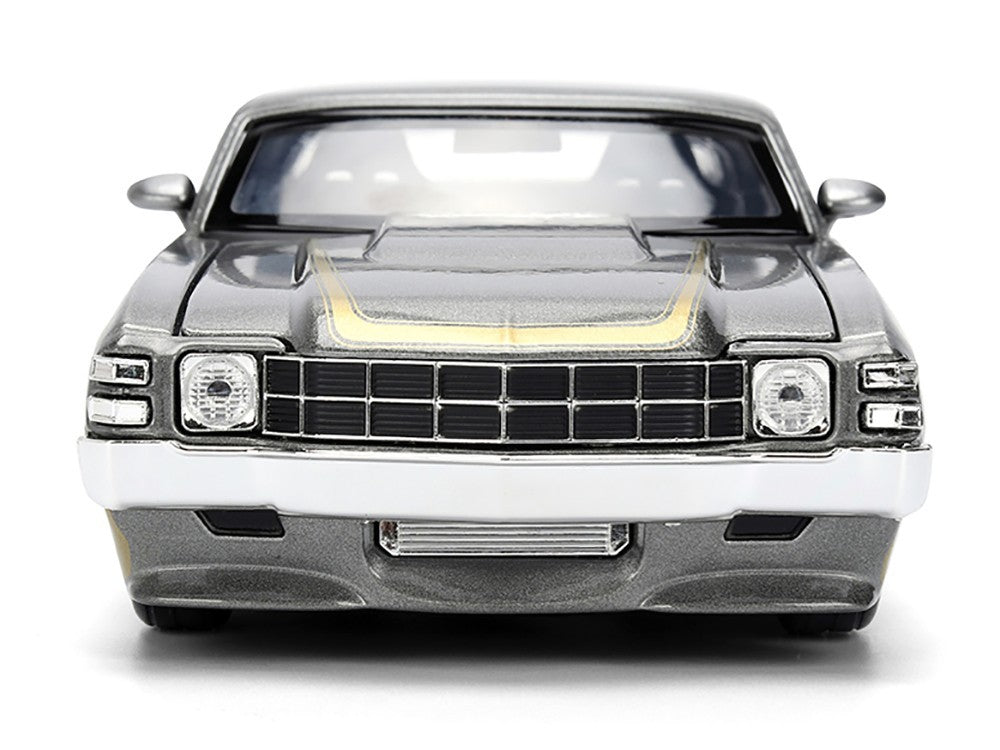Front view of a silver classic car model on a white background