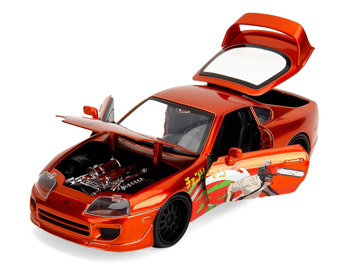 Orange toy car with open doors and hood on a white background