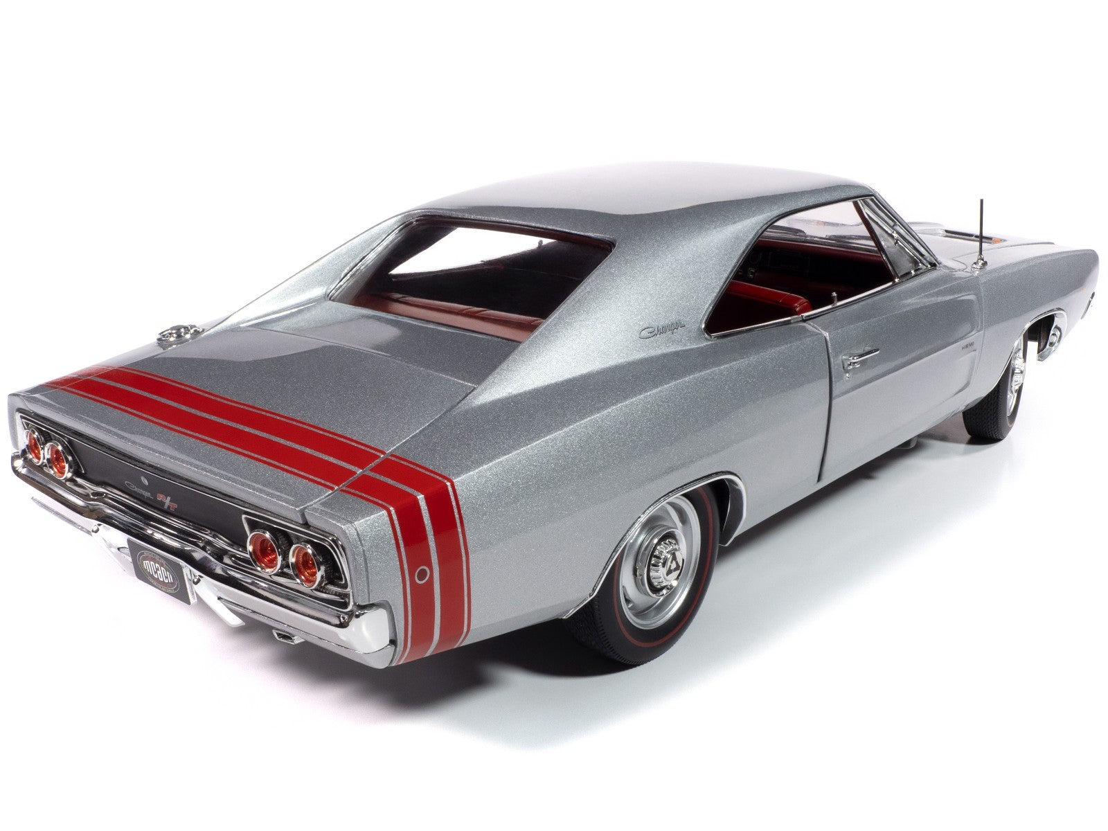 Model of a classic car with a red stripe on a white background