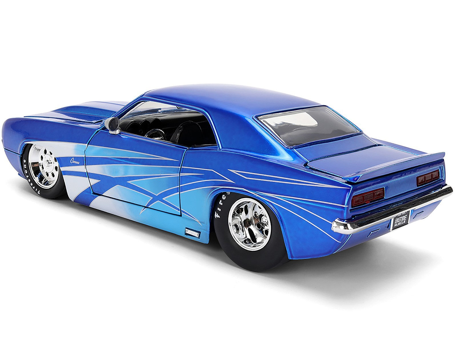 Blue model car with white stripes on a white background