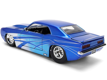 Blue model car with white stripes on a white background