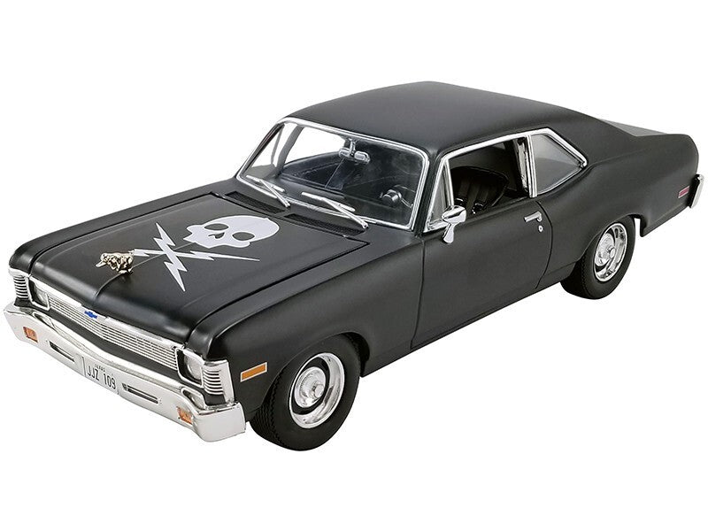 Black model car with a skull and crossbones design on the hood against a white background