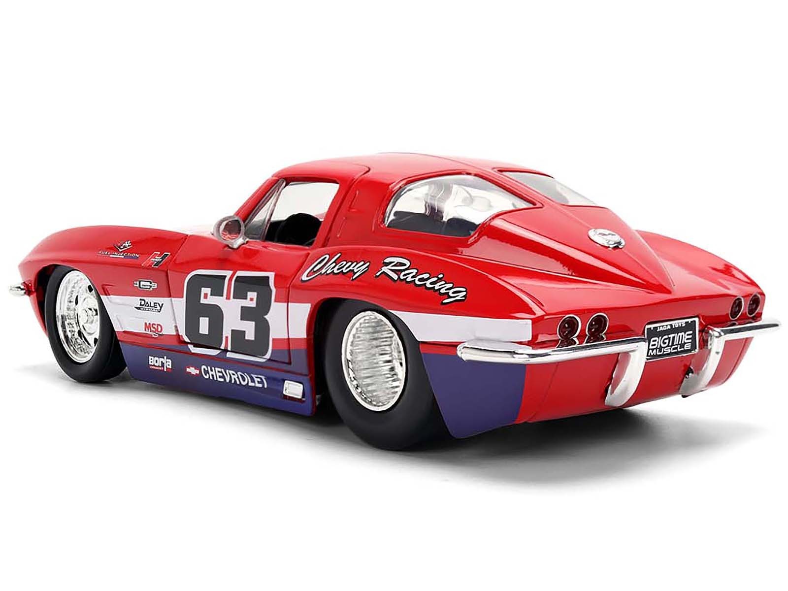 Model car with red and purple design on a white background