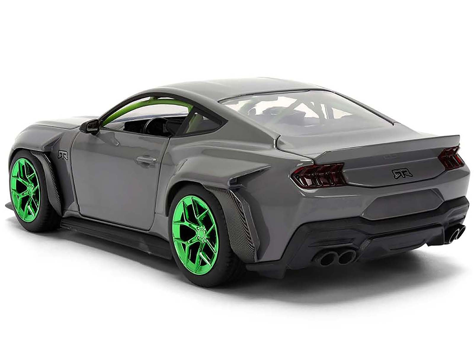 Gray sports car with green wheels on a white background