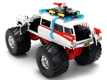 Toy monster truck with large wheels and colorful details on a white background