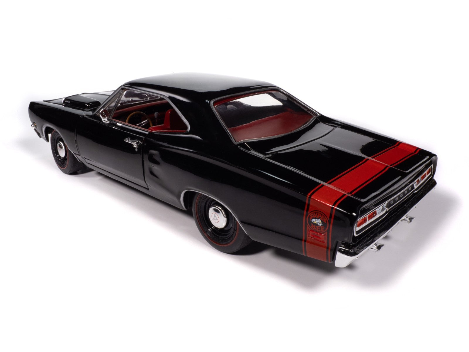 Black muscle car with red stripes on a white background