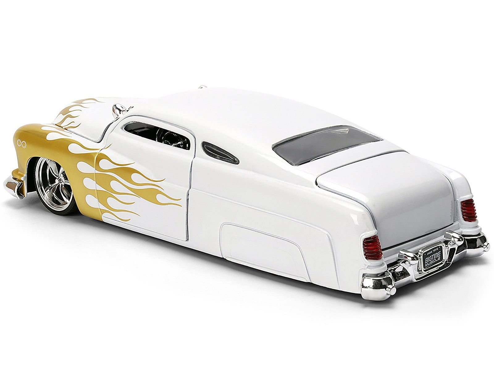 White model car with gold flames on a white background
