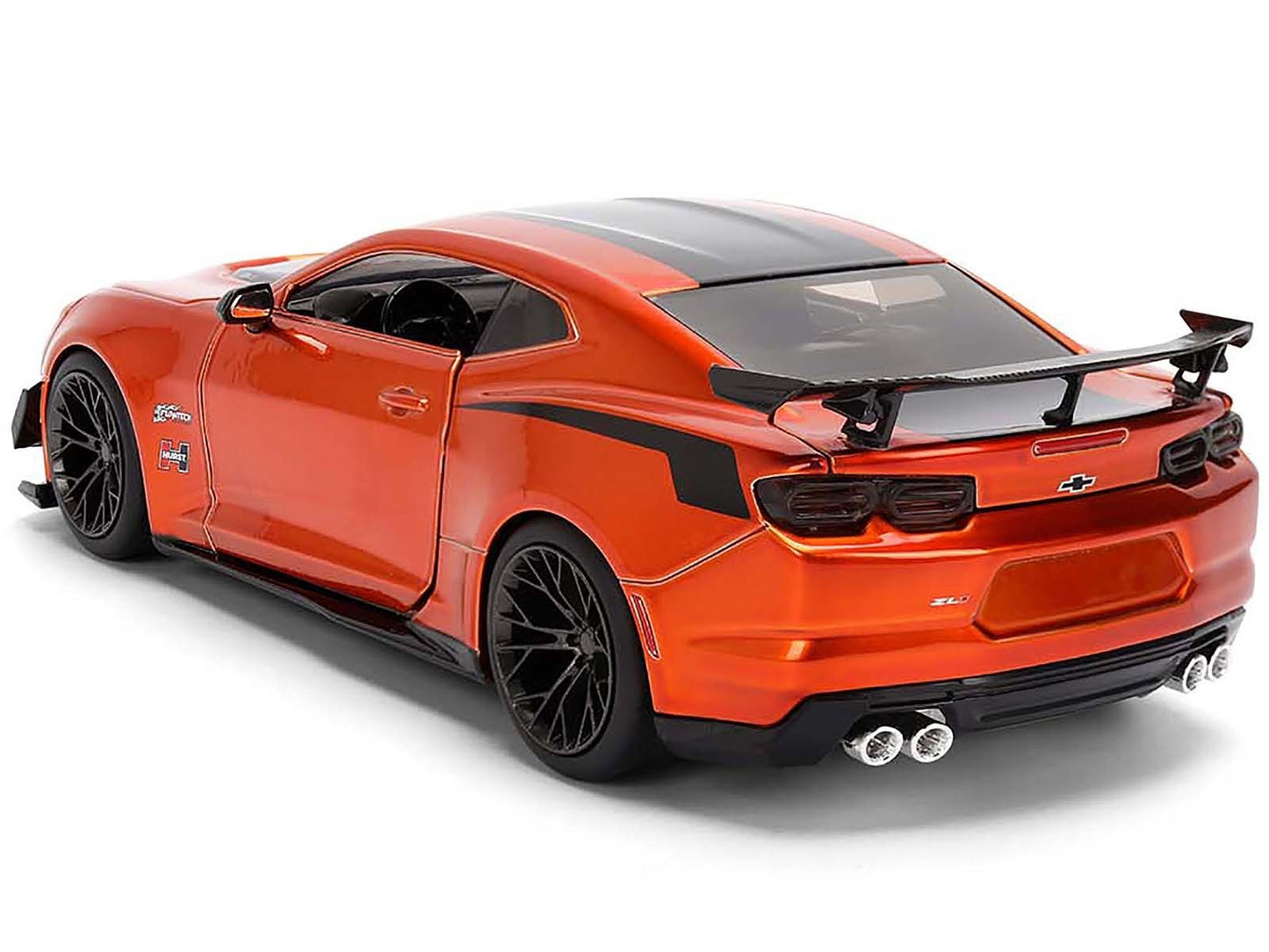 Orange sports car with black rims on a white background