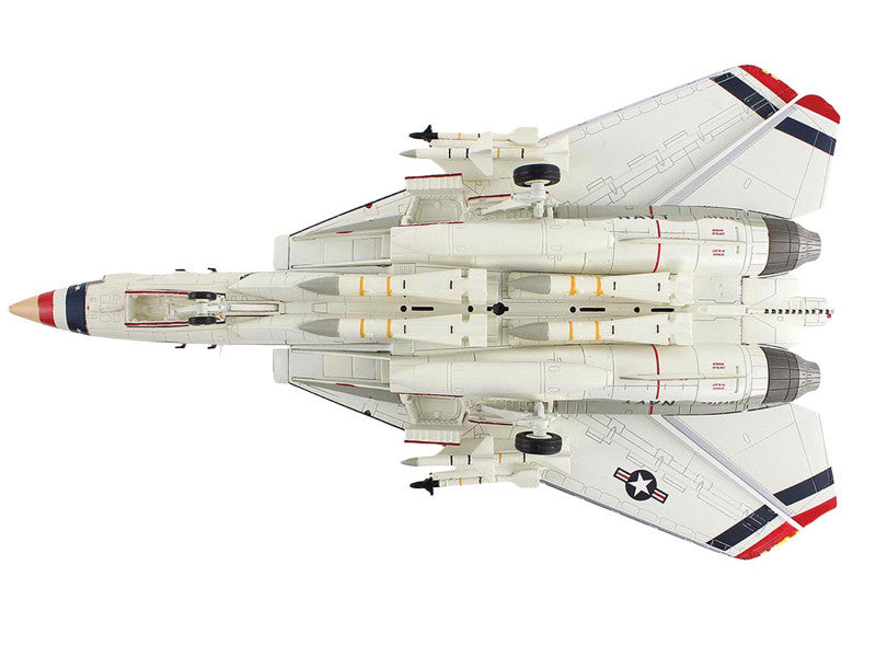 Model of a fighter jet with a white body, red and blue accents on a white background