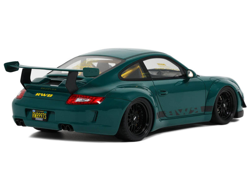 Green sports car with RWB badge on a white background
