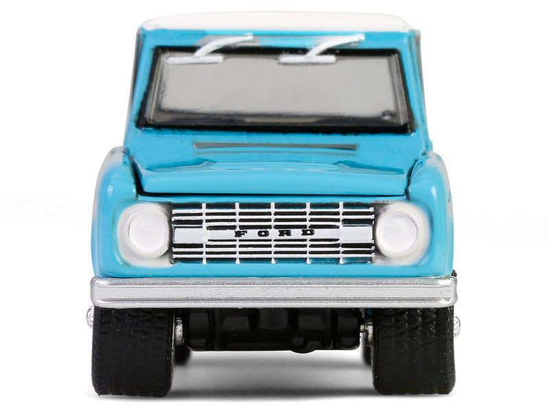 Model of a blue Ford Bronco on a white background