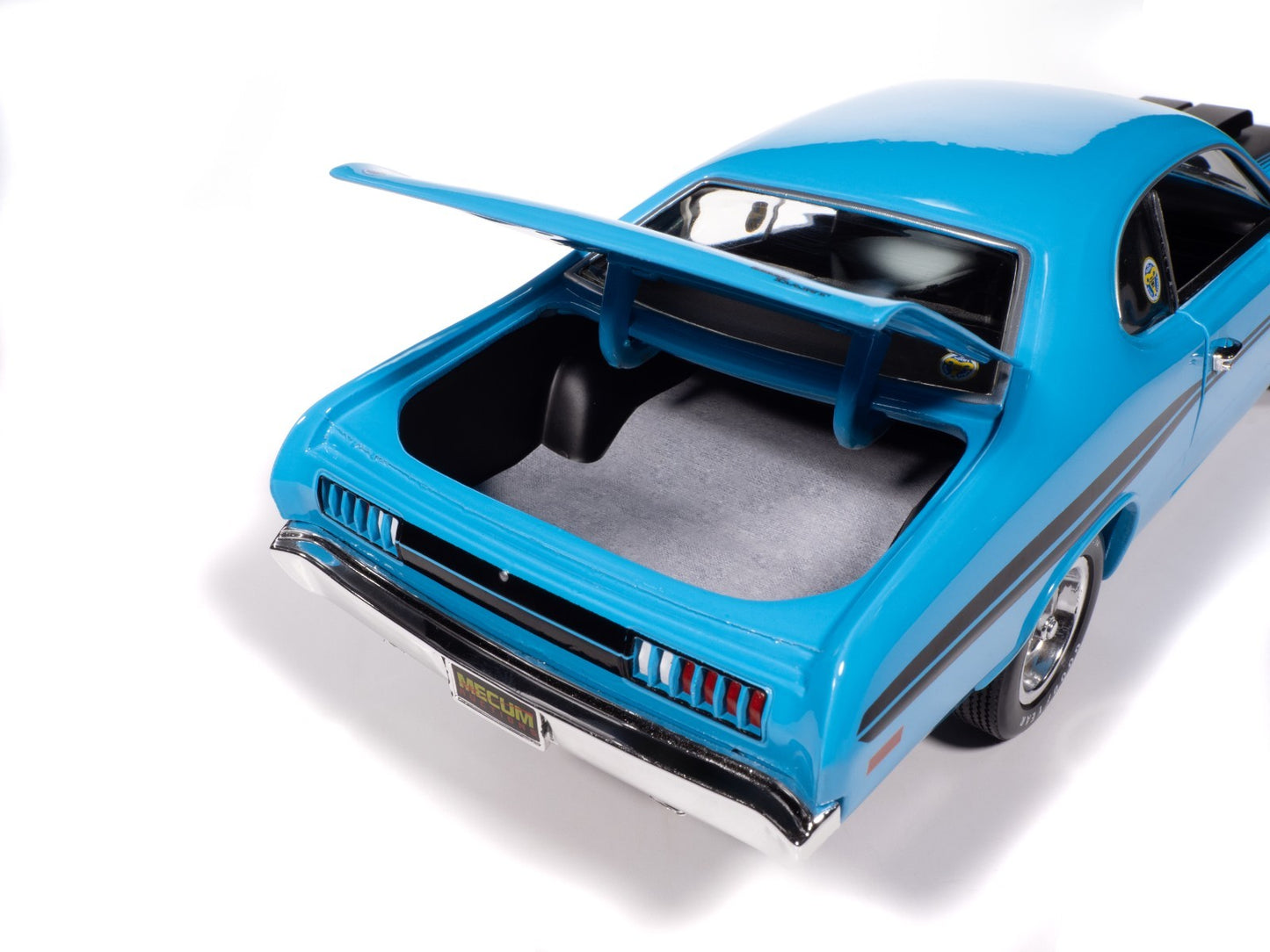 Blue model car with open trunk on a white background