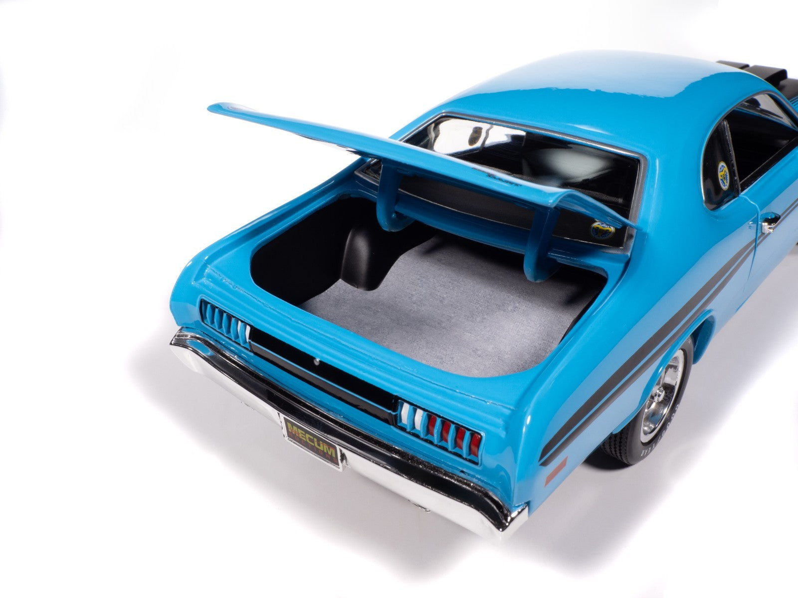 Blue model car with open trunk on a white background