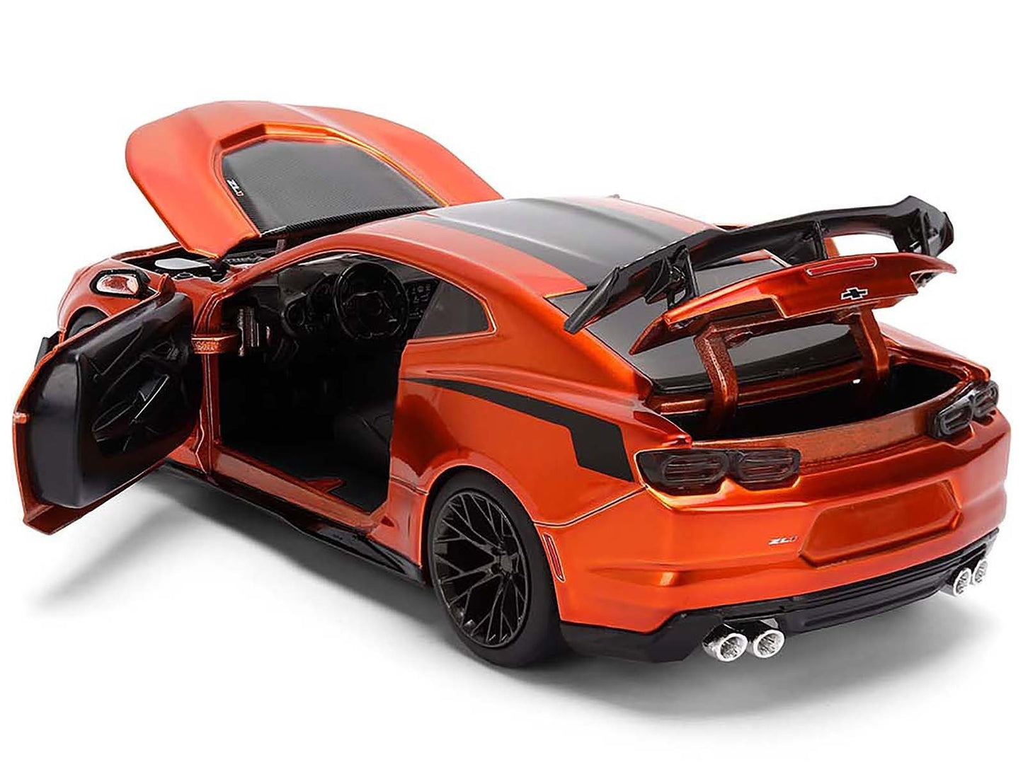 Orange sports car with open doors on a white background