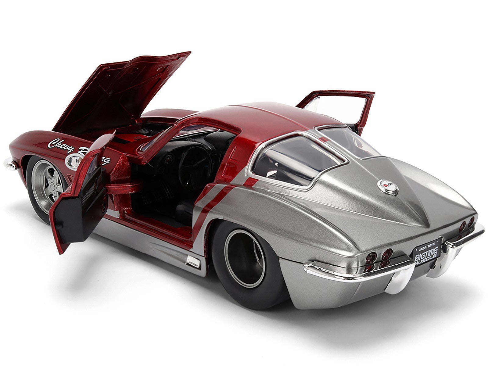Model car with open doors on a white background