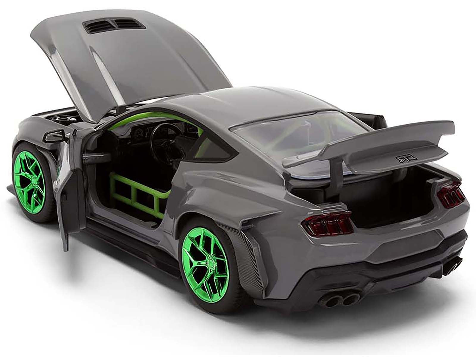 Gray toy car with green wheels on a white background