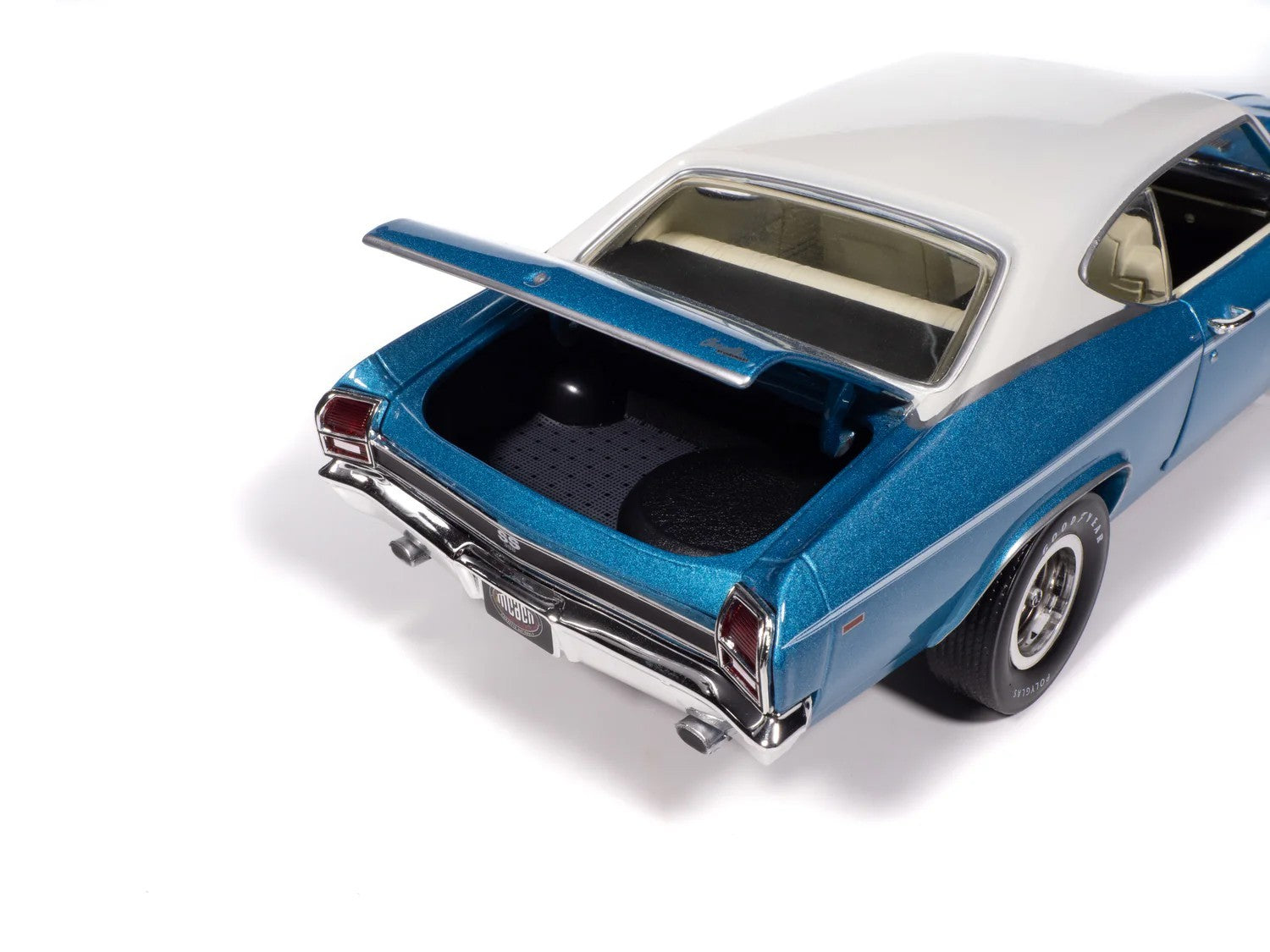 Model car with open trunk on a white background