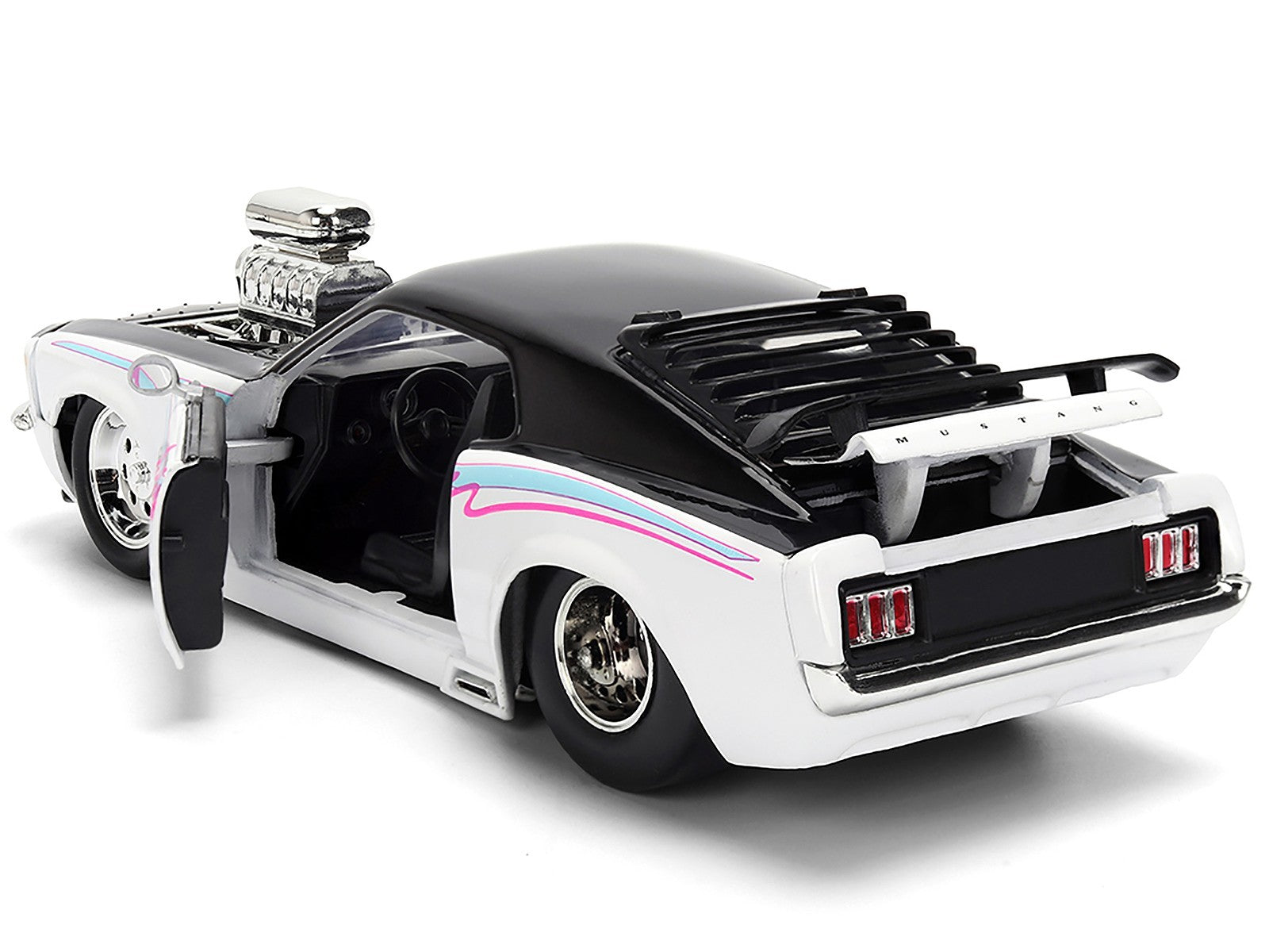 Model car with a black and white design on a white background