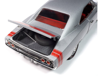 Close-up of a silver car with open trunk on a white background
