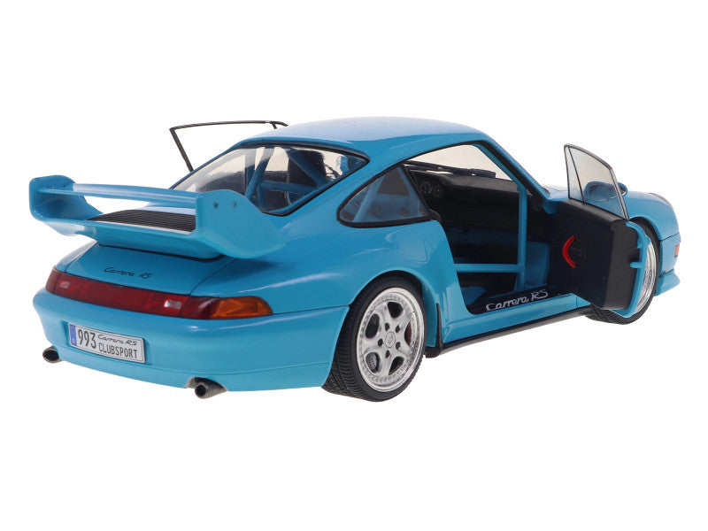 Blue model car with open doors on a white background