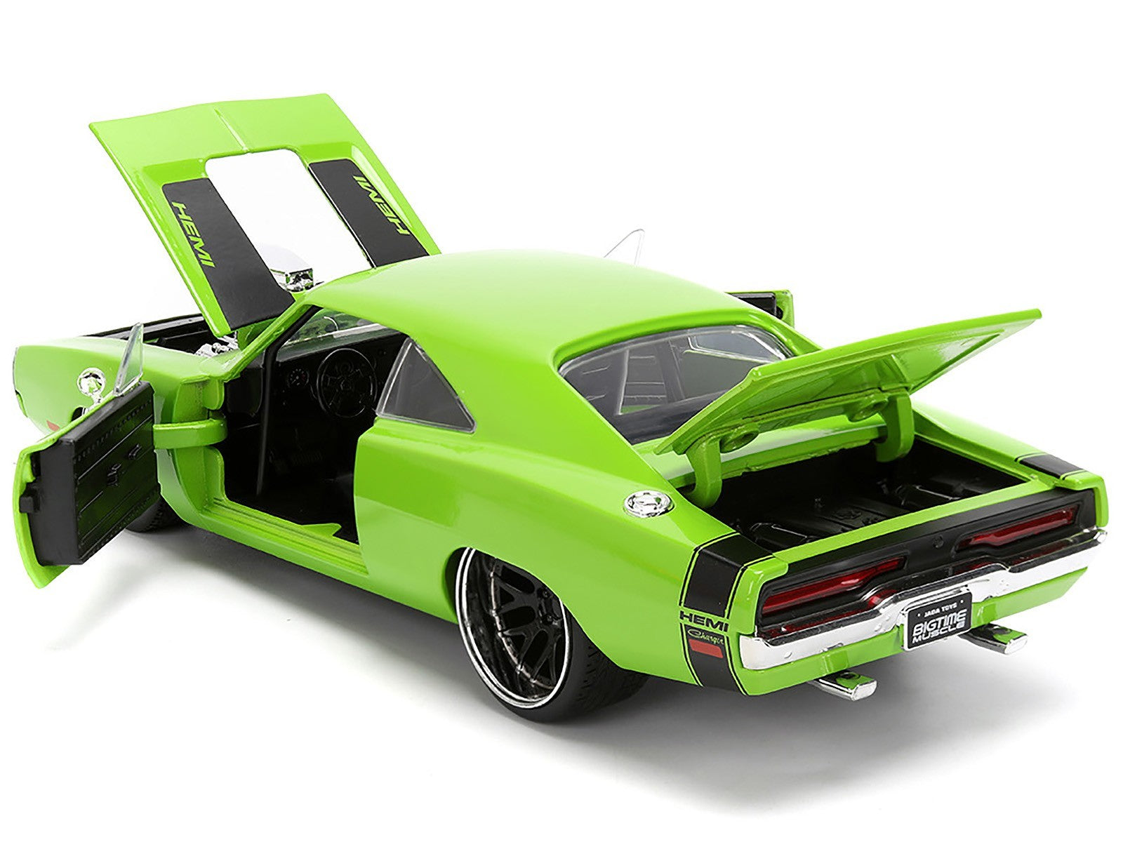Green model car with open doors on a white background