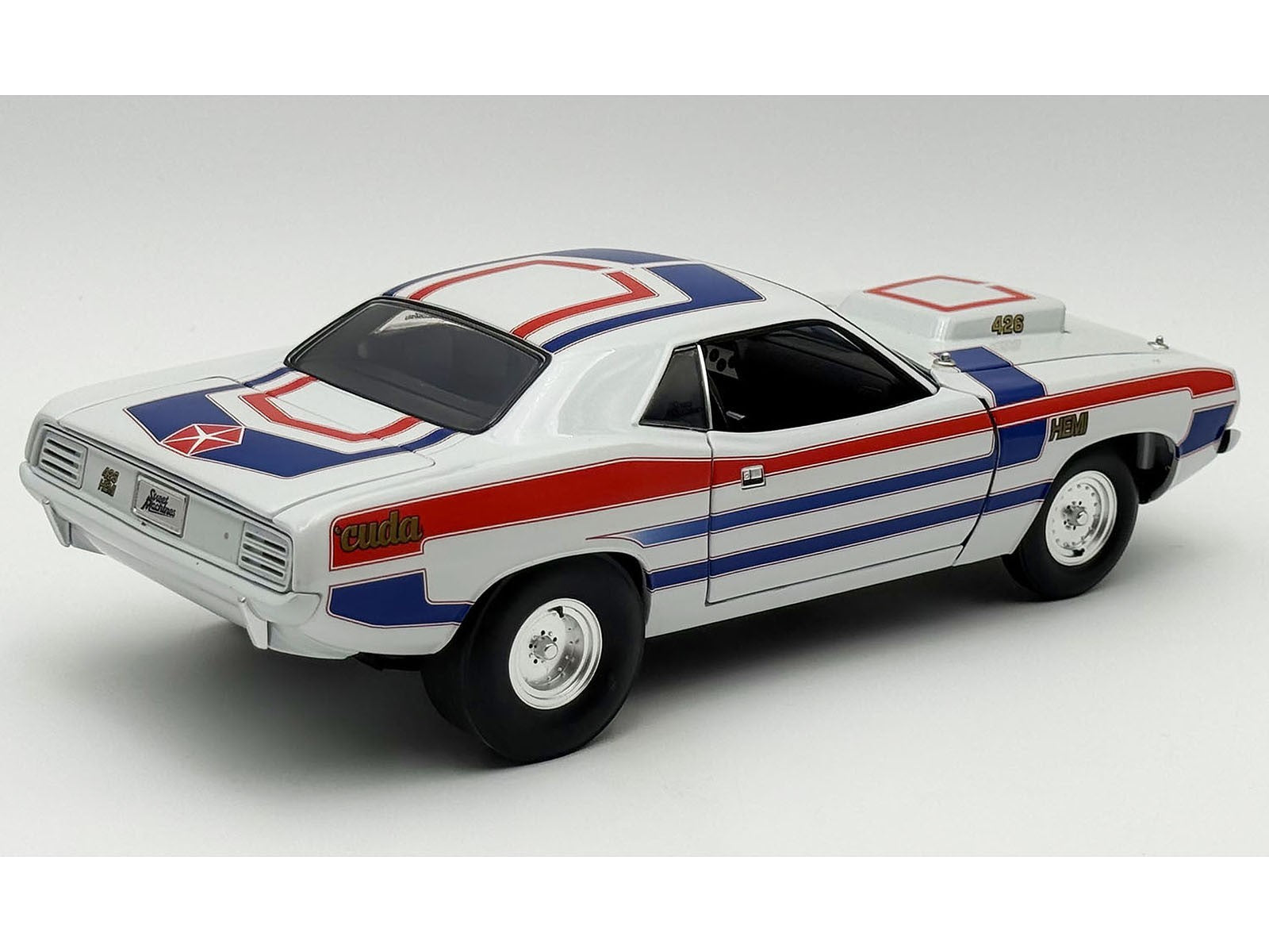 Model car with red, white, and blue stripes on a white background