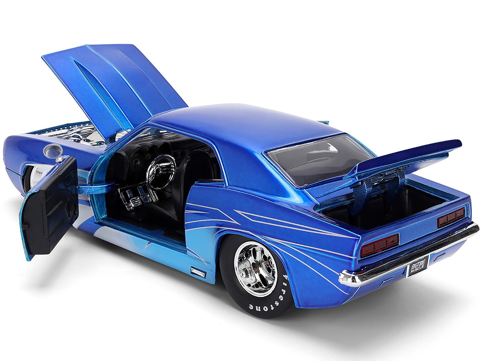 Blue model car with open doors and trunk on a white background
