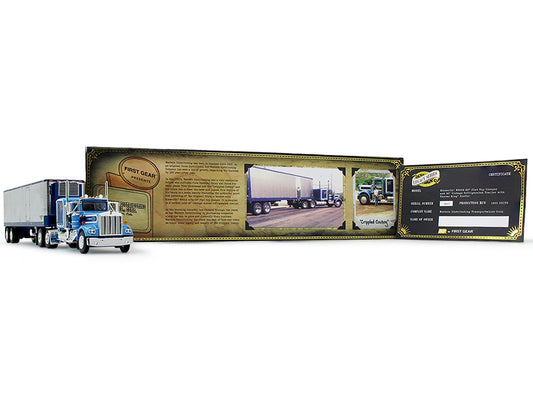 Model truck with packaging featuring images of a truck and text on a white background