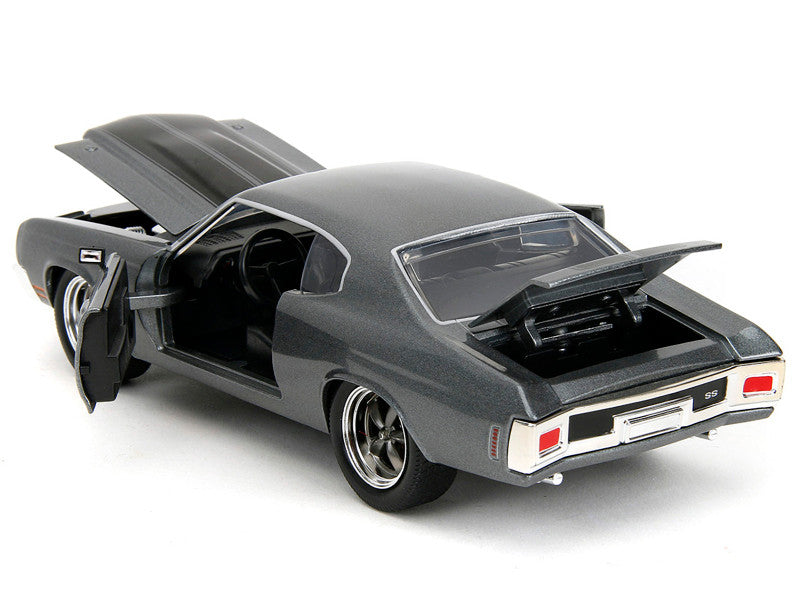 Model car with open doors and trunk on a white background