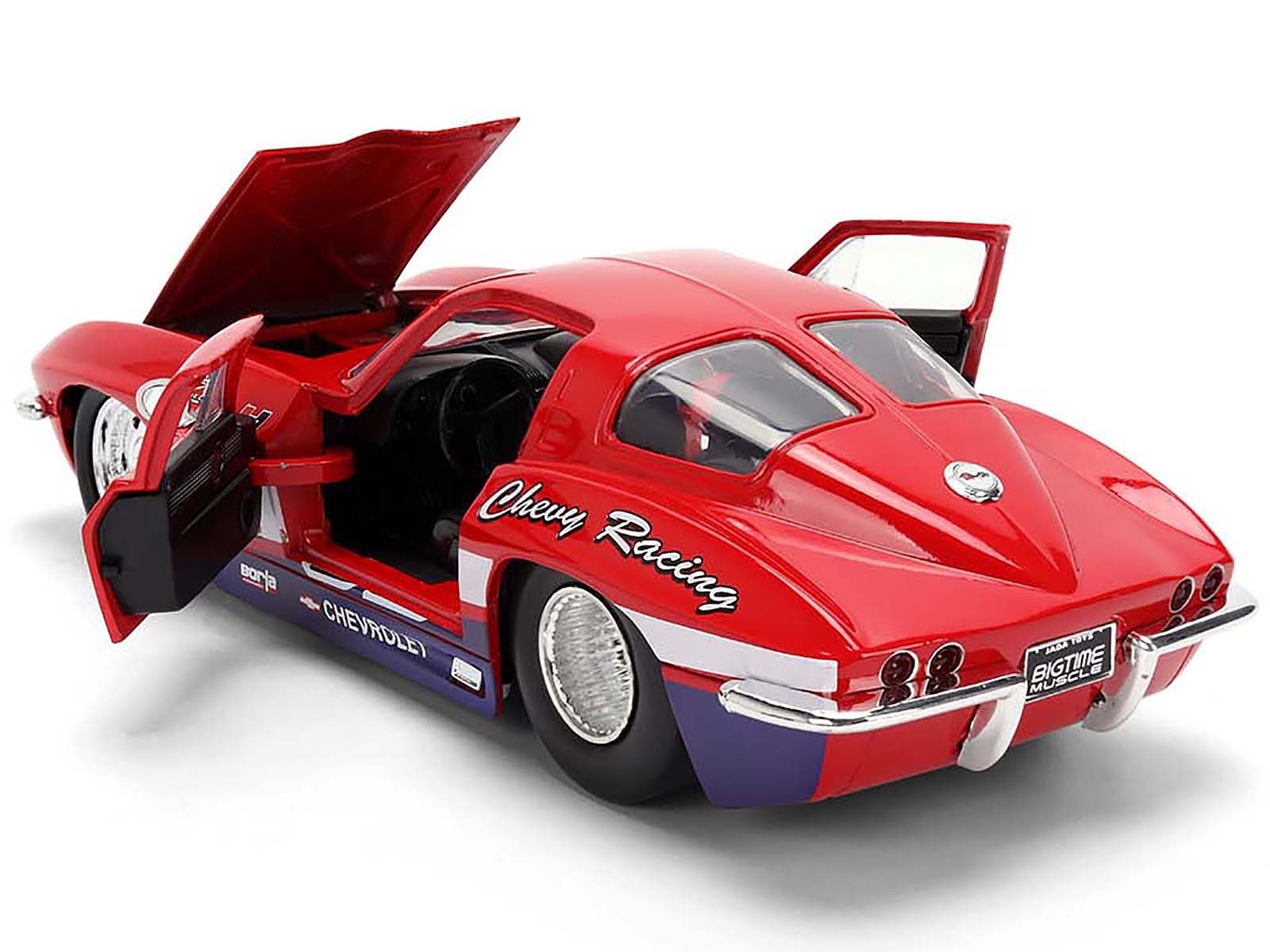 Red model car with open doors on a white background