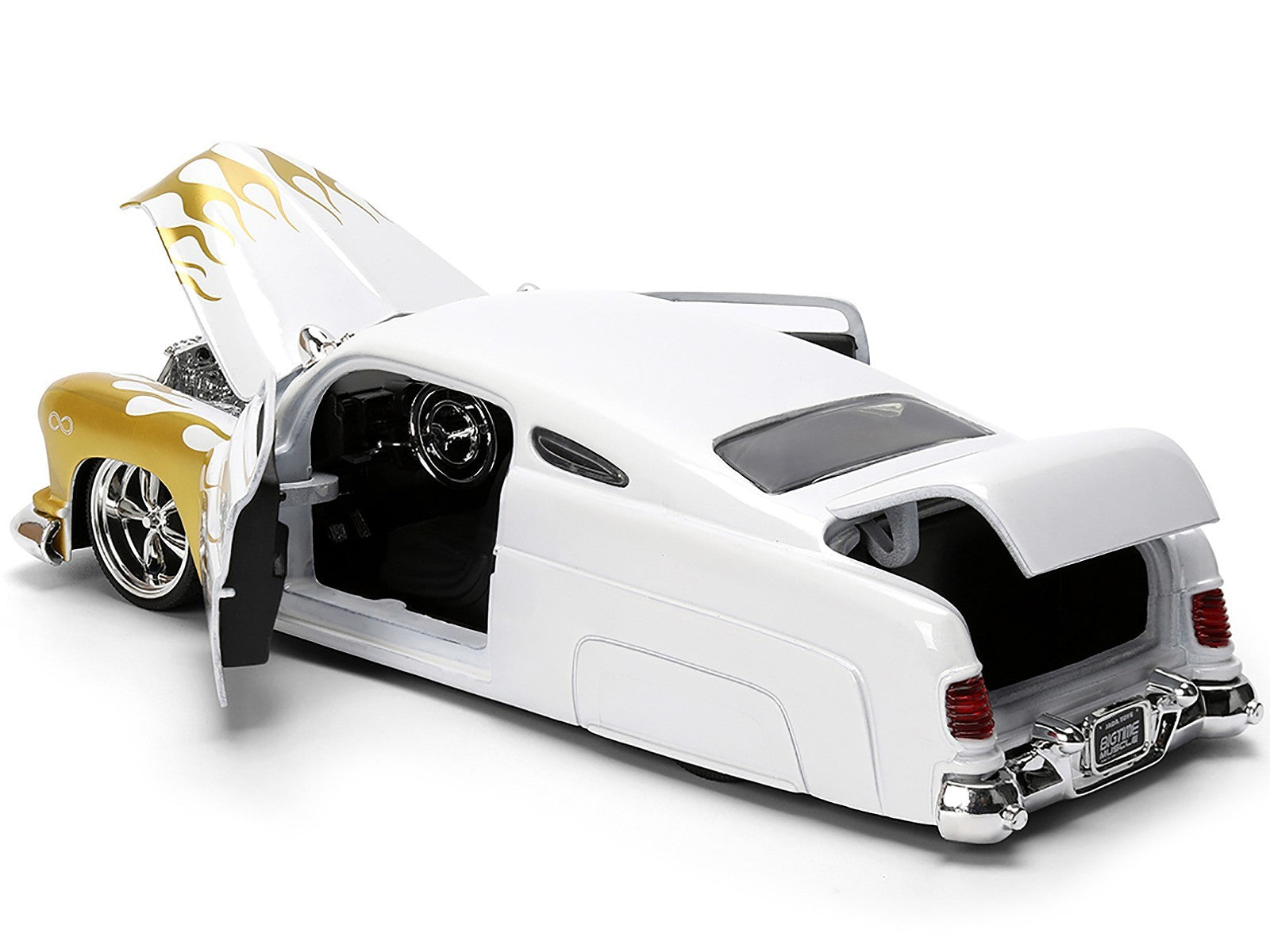 Model car with open doors on a white background
