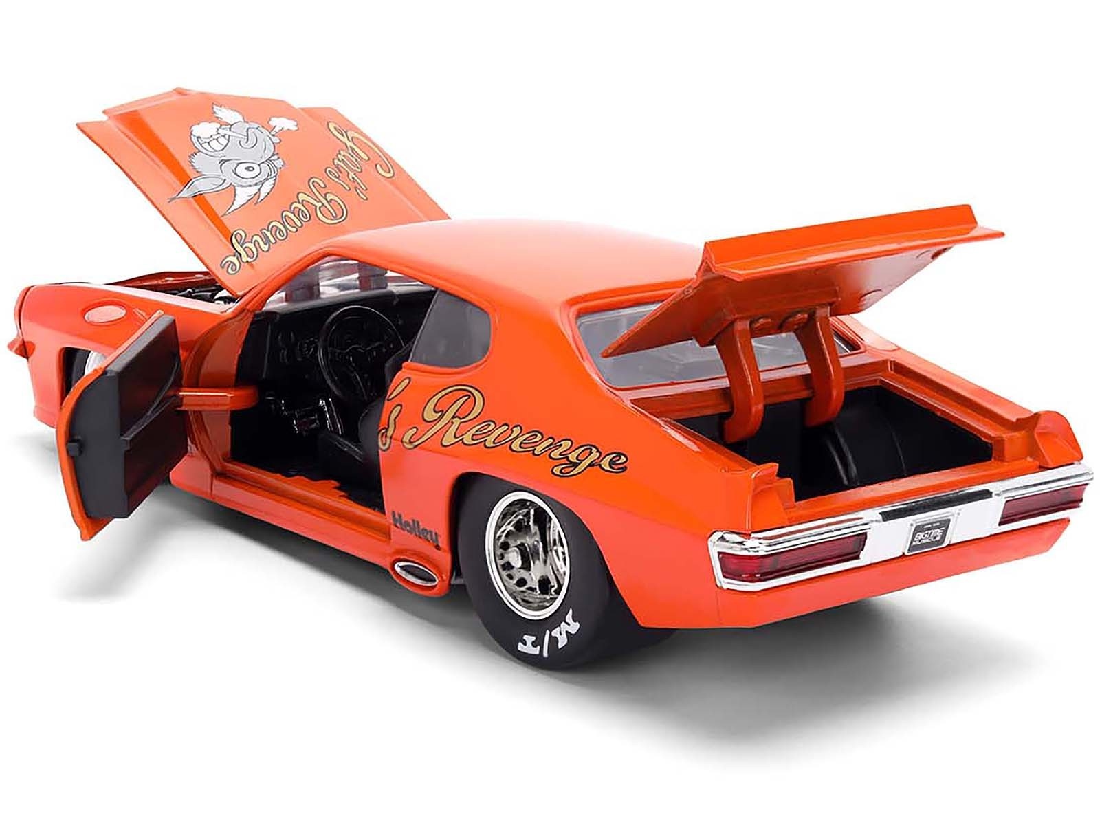 Orange model car with open doors on a white background