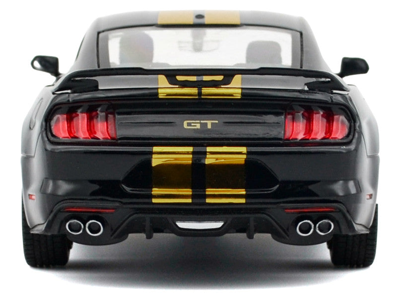 Back view of a black Mustang GT car with yellow stripes on a white background