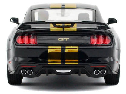 Back view of a black Mustang GT car with yellow stripes on a white background