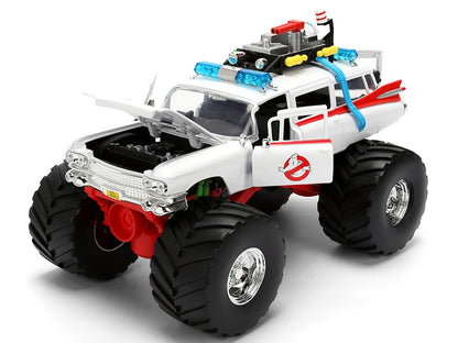 Toy monster truck with a white body, black tires, and red accents on a white background