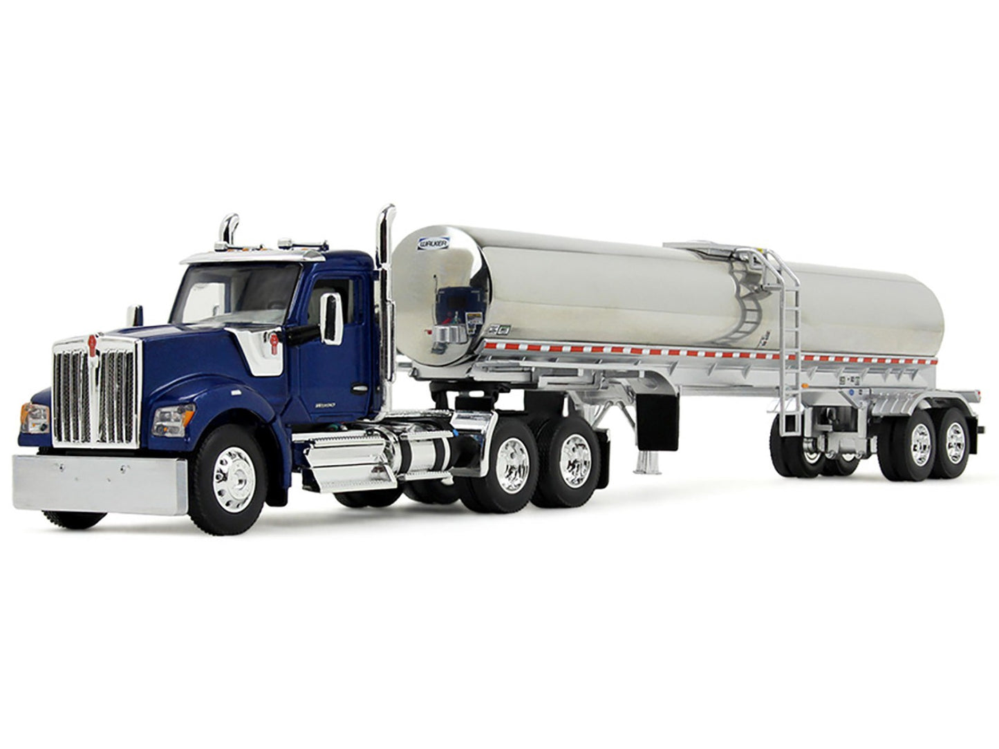 Model of a blue and silver tanker truck on a white background
