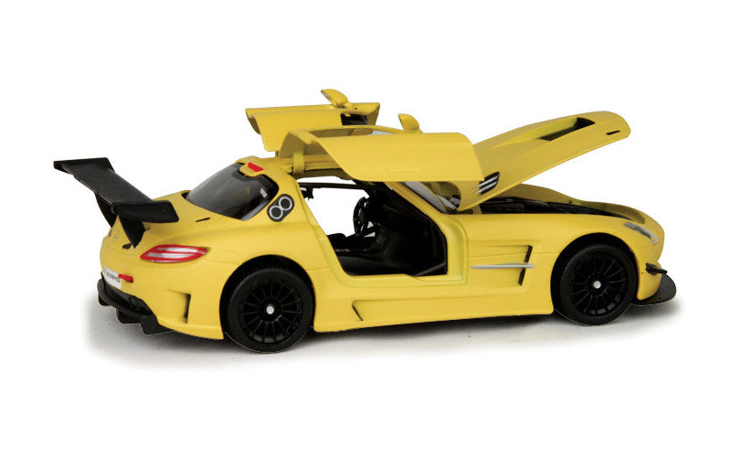 Yellow toy car with open doors on a white background
