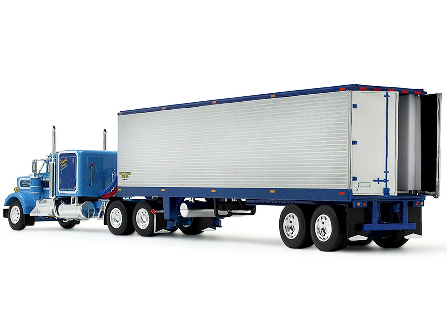 Blue truck with a large white trailer on a white background