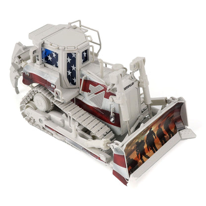 Model of a bulldozer with American flag design on a white background