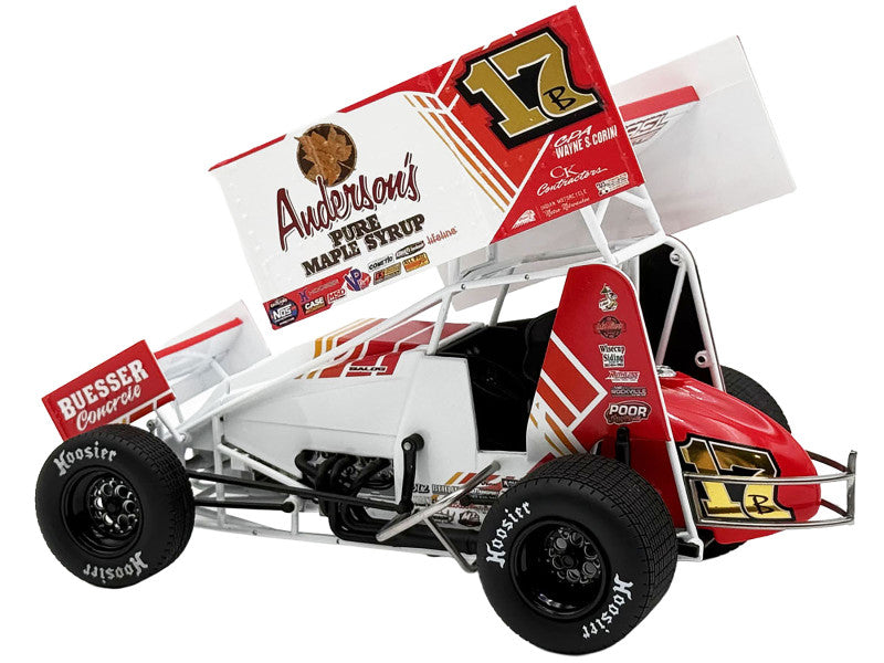 Model of a race car with various sponsor logos on a white background