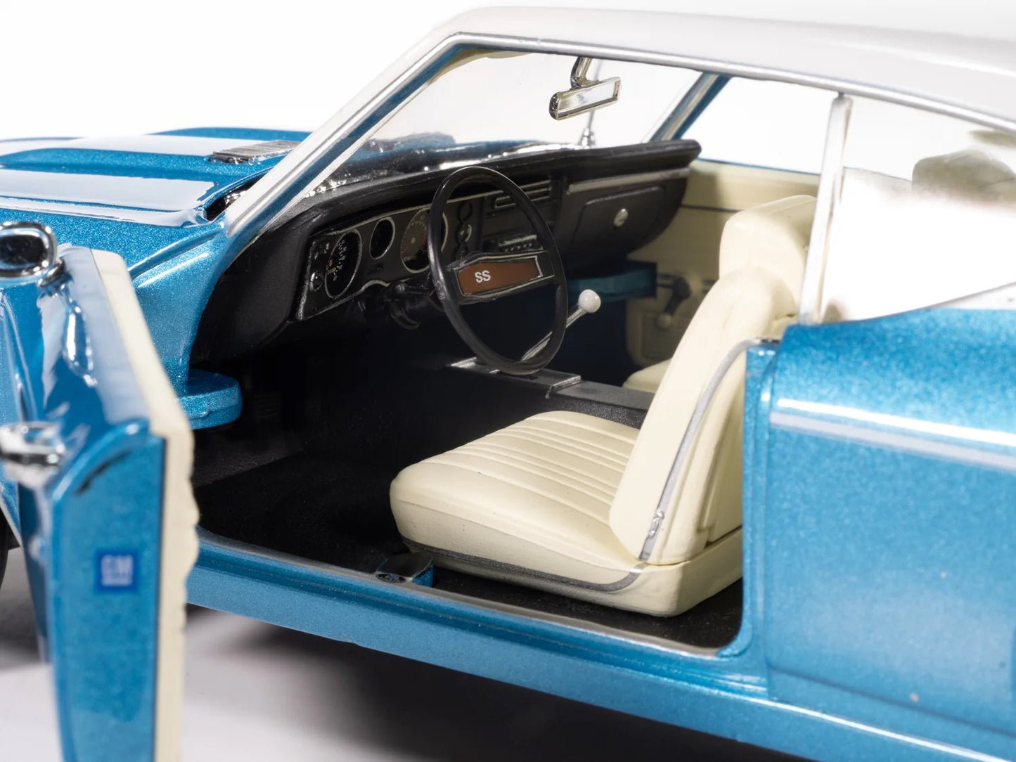 Close-up of a classic car's interior with blue exterior