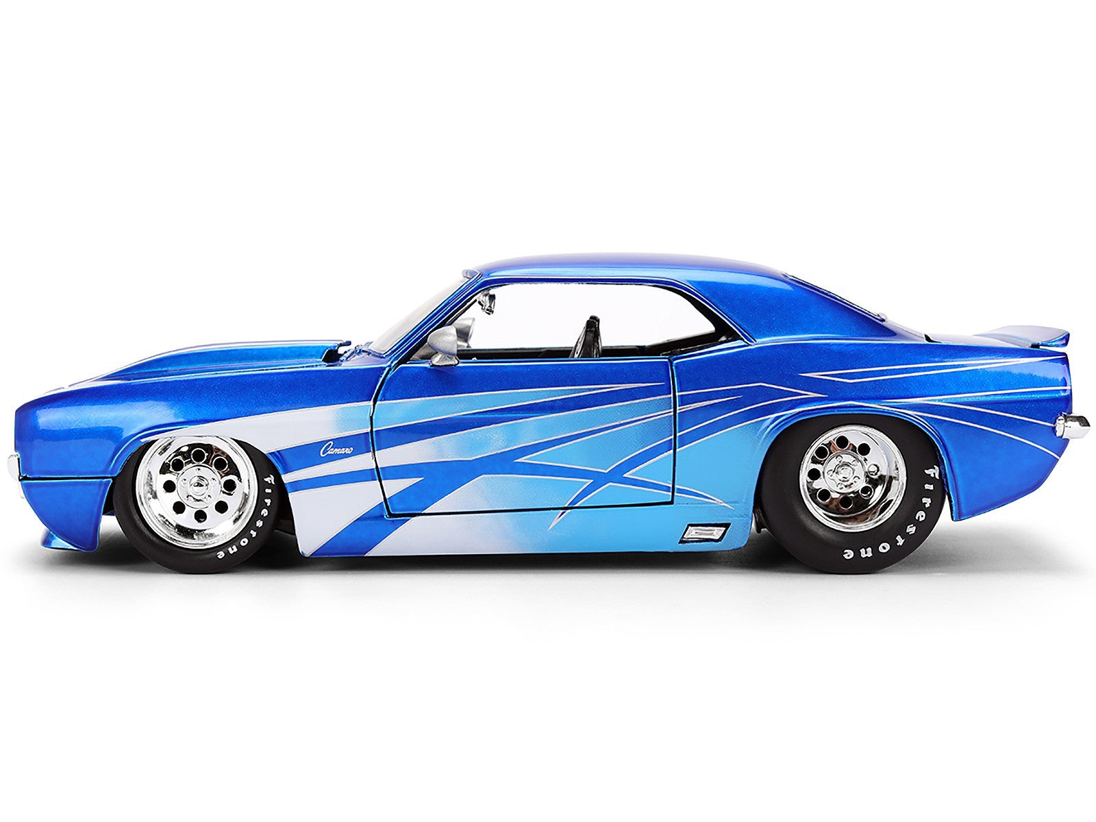 Blue and white model car on a white background