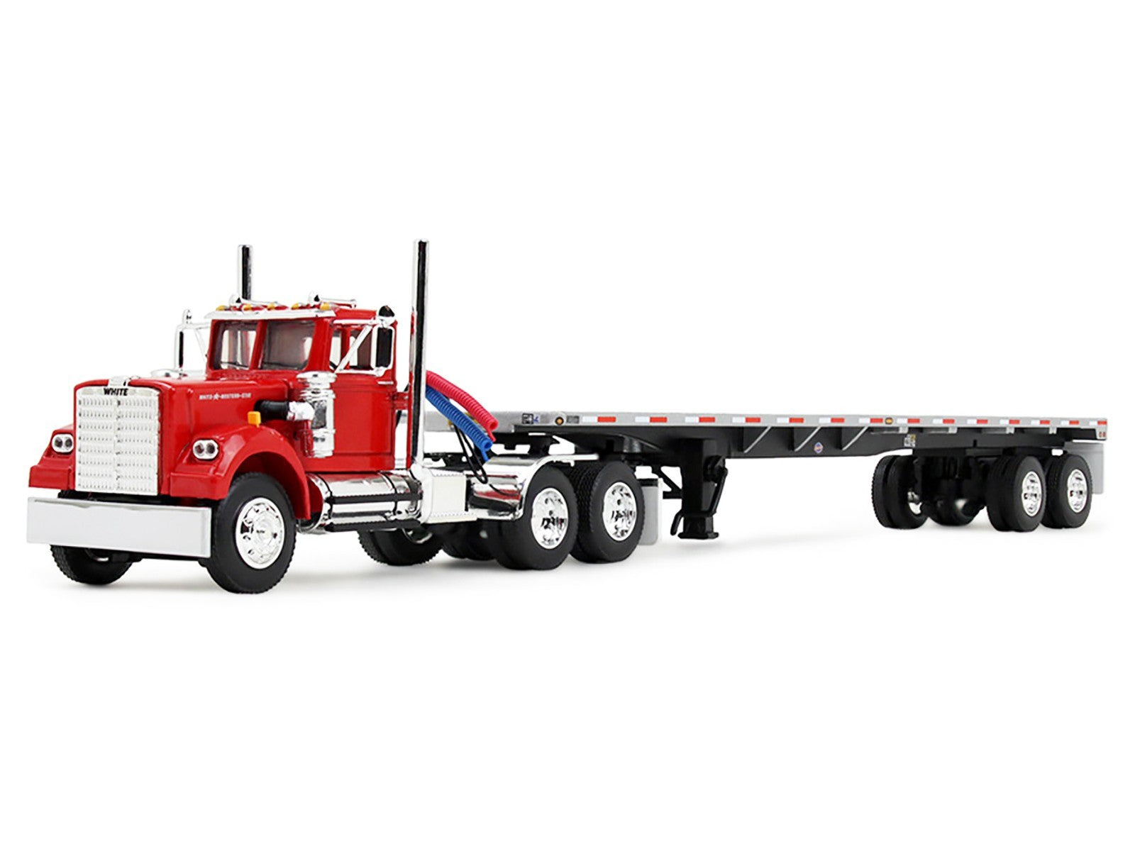 Model of a red truck with a flatbed trailer on a white background