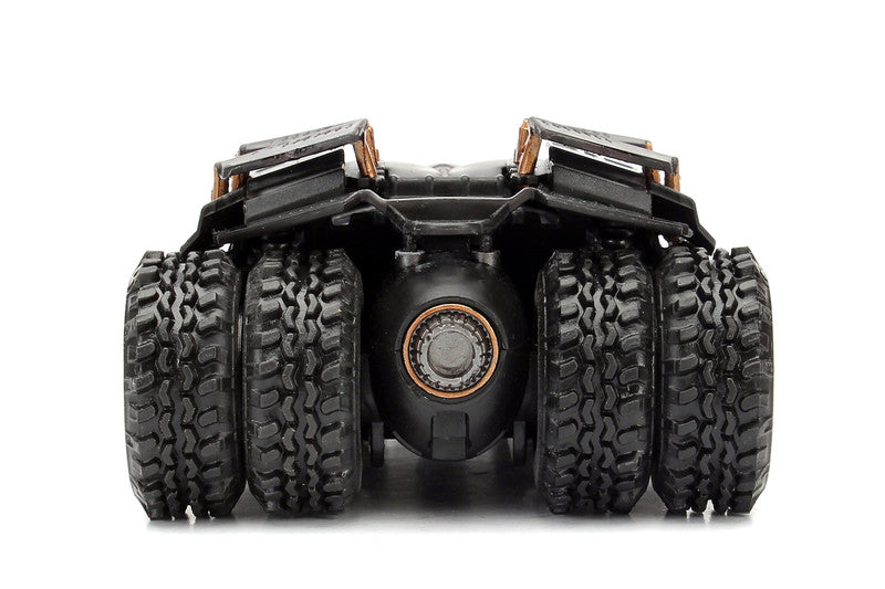 Black off-road vehicle with large tires on a white background