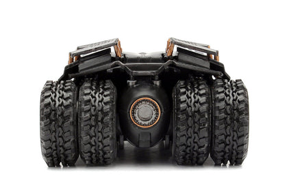 Black off-road vehicle with large tires on a white background